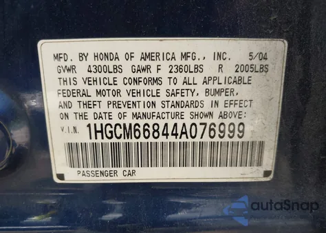 2004 Honda Accord Sdn Ex from USA, damaged, VIN 1HGCM66844A076999
